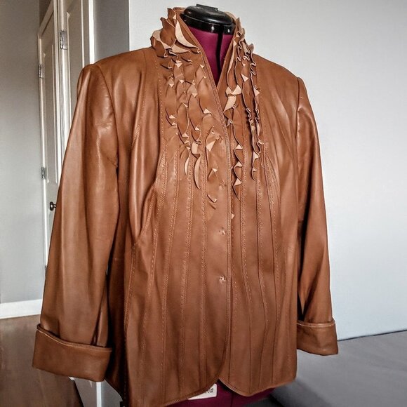 Elie Tahari Jackets & Blazers - Elie Tahari Camel Brown Ruffle Trim Leather Jacket